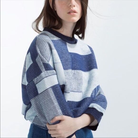 ✨ Zara Trafaluc Blue Square Ribbed Sweatshirt ✨ - Picture 1 of 8